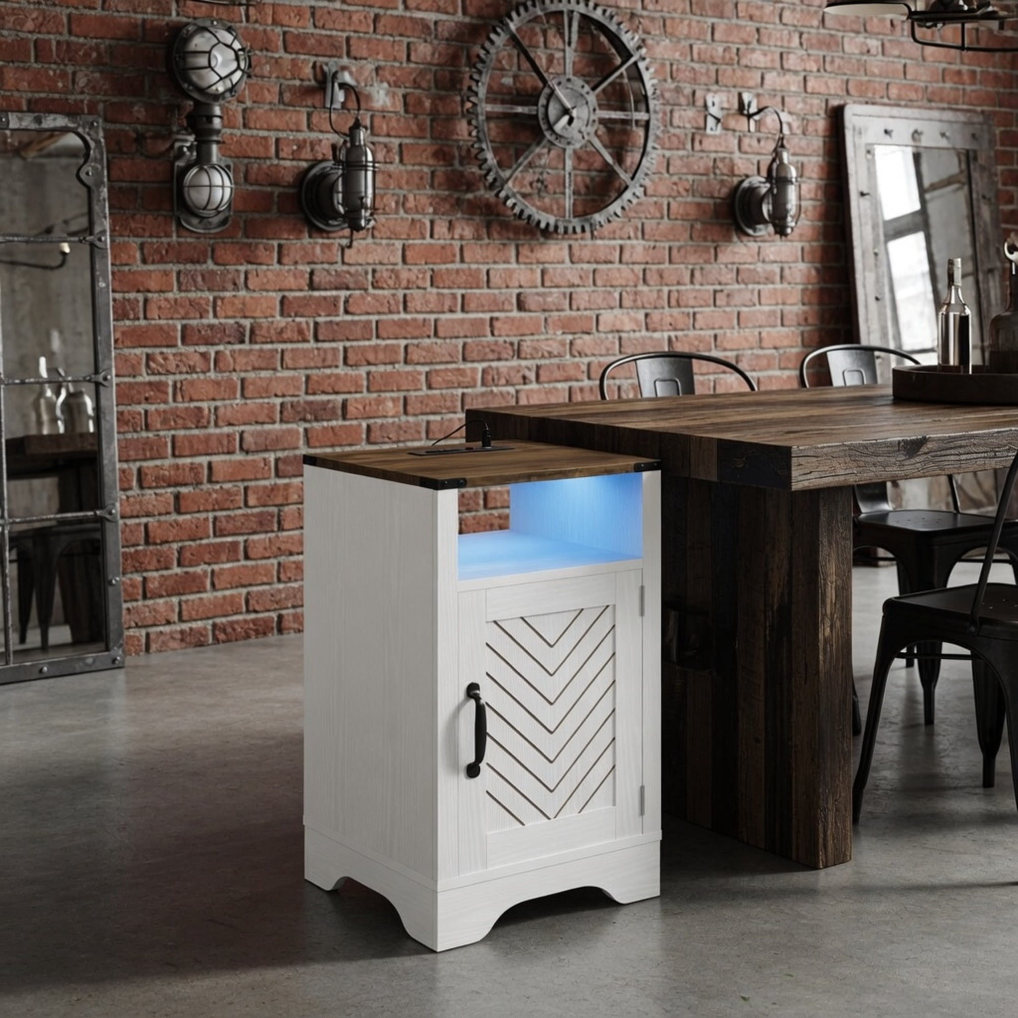 16" Wide White & Rustic Oak LED Nightstand with Charging Station & Storage