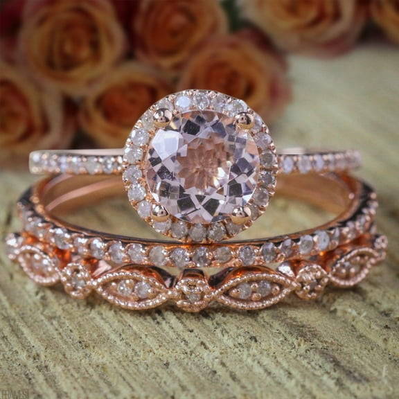 2.75 Carat 6mm Round Morganite and Diamond Moissanite Trio Ring Set Engagement Ring 2 Wedding Bands with 18k Gold Plating