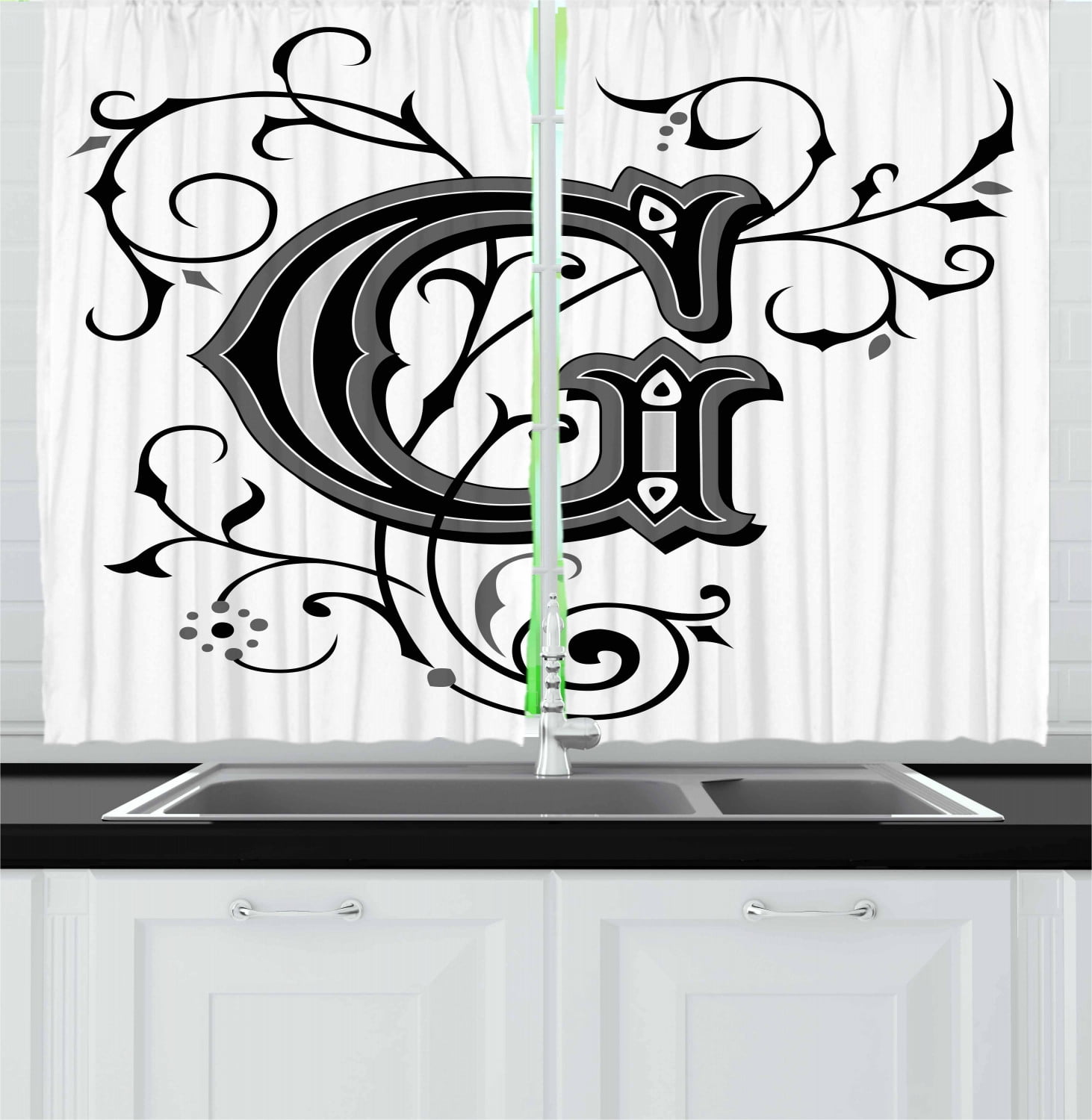 Letter G Curtains 2 Panels Set, Middle Eastern Culture Inspired Uppercase Letter Royal Title Classic Design, Window Drapes for Living Room Bedroom, 55W X 39L Inches, Black Grey White, by Ambesonne