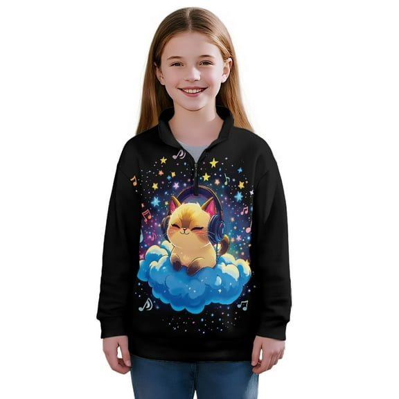 Uourmeti Stars Music Note Cute Cat Girls Half Zipper Sweatshirt Fall Pullover Long Sleeve Lightweight Comfy Casual Loose Athletic Top Sportswear for School Gym Size 5-6