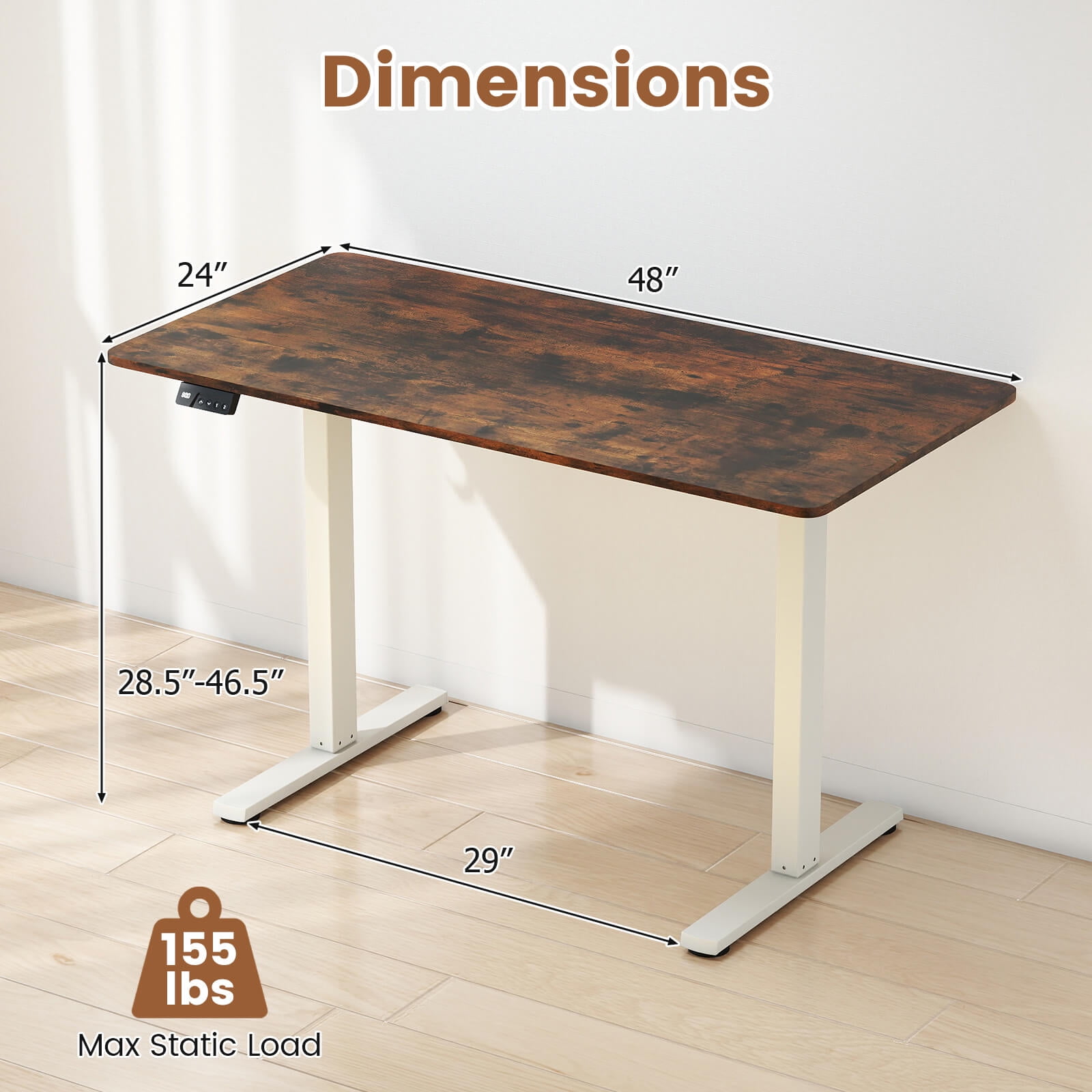 Costway 48” x 24” Electric Standing Desk with LED Display 2 Memory Height Settings for Home Rustic Brown+White