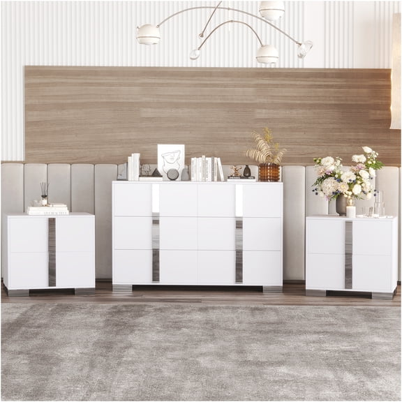 JERFIT White 3-Piece Bedroom Set with 6-Drawer Dresser and 2 Nightstands, Modern Storage Cabinet with Metal Legs for Bedroom