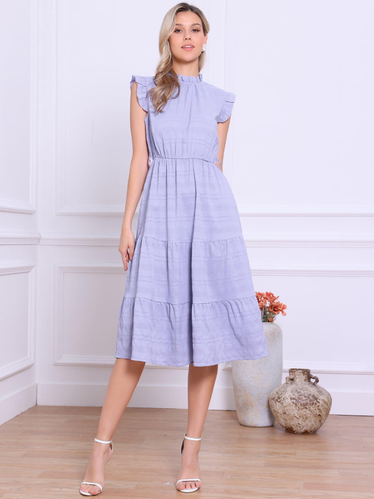 DARING DIVA Midi Ruffled Sleeve Mock Neck Casual Dress L Light Purple