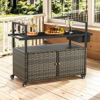 Planntonneo Wicker Outdoor Bar Cart Table Patio Console Storage Cabinet BBQ Grill Carts Buffet with Wheels, Grey