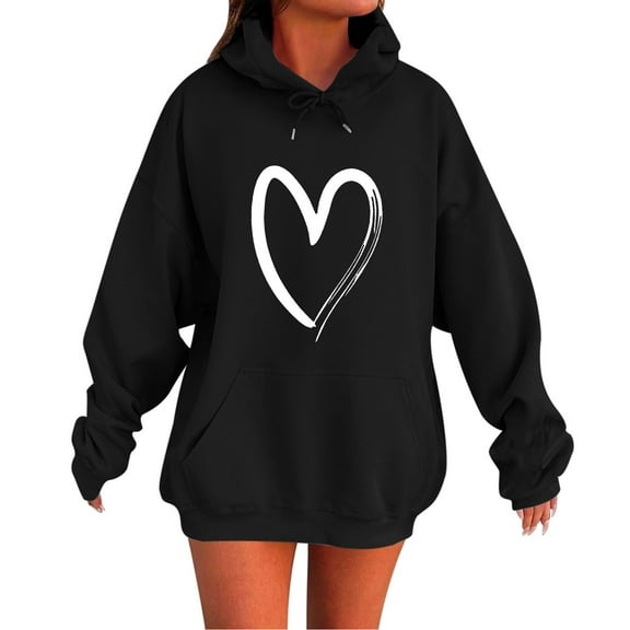 Htigea Heart Graphic Hoodies for Women Oversized Hooded Sweatshirts Fleece Long Sleeve Pullover Kangaroo Pocket Tops Black S