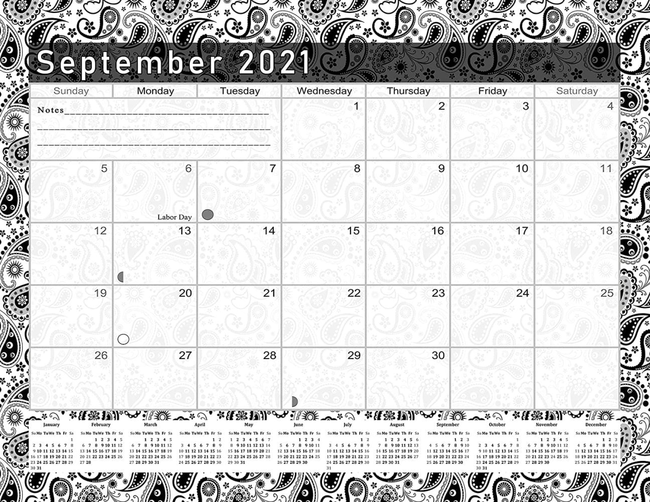 2021-2022 Monthly Magnetic/Desk Calendar - 16 Months Desktop/Wall Calendar/Planner - (Black & White Paisley)- (Edition #011)