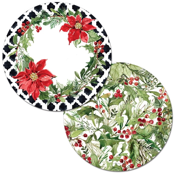 Wipe-Clean Round Reversible Shaped Placemats, Cardinal Greenery, Set of 2, Made in The USA
