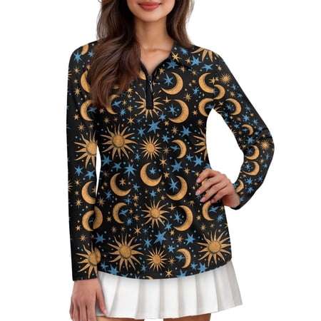 Chririnla Golden Stars Moon Women Quick Dry UPF 50+ Long Sleeve Golf Polo UV Shirts Workout Sun Shirt Moisture Wicking Athletic Hiking Running Tops for Exercise Running Fishing L