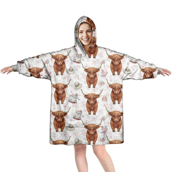 White Highland Cow Hat Dress Pattern Wearable Oversized Blanket,Wearable Blanket Hoodie for Adults,Cozy Hooded Blankets with Super Pockets,Super Warm Fuzzy Pullover for Women & Men