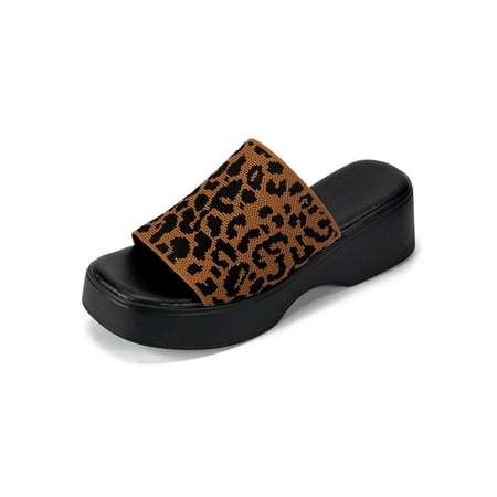 

Welliumy For Womens Wedge Sandals Summer Slides Knit Upper Slide Sandal Walking Casual Shoes Outdoor Non-Slip Slip On Leopard Print 7