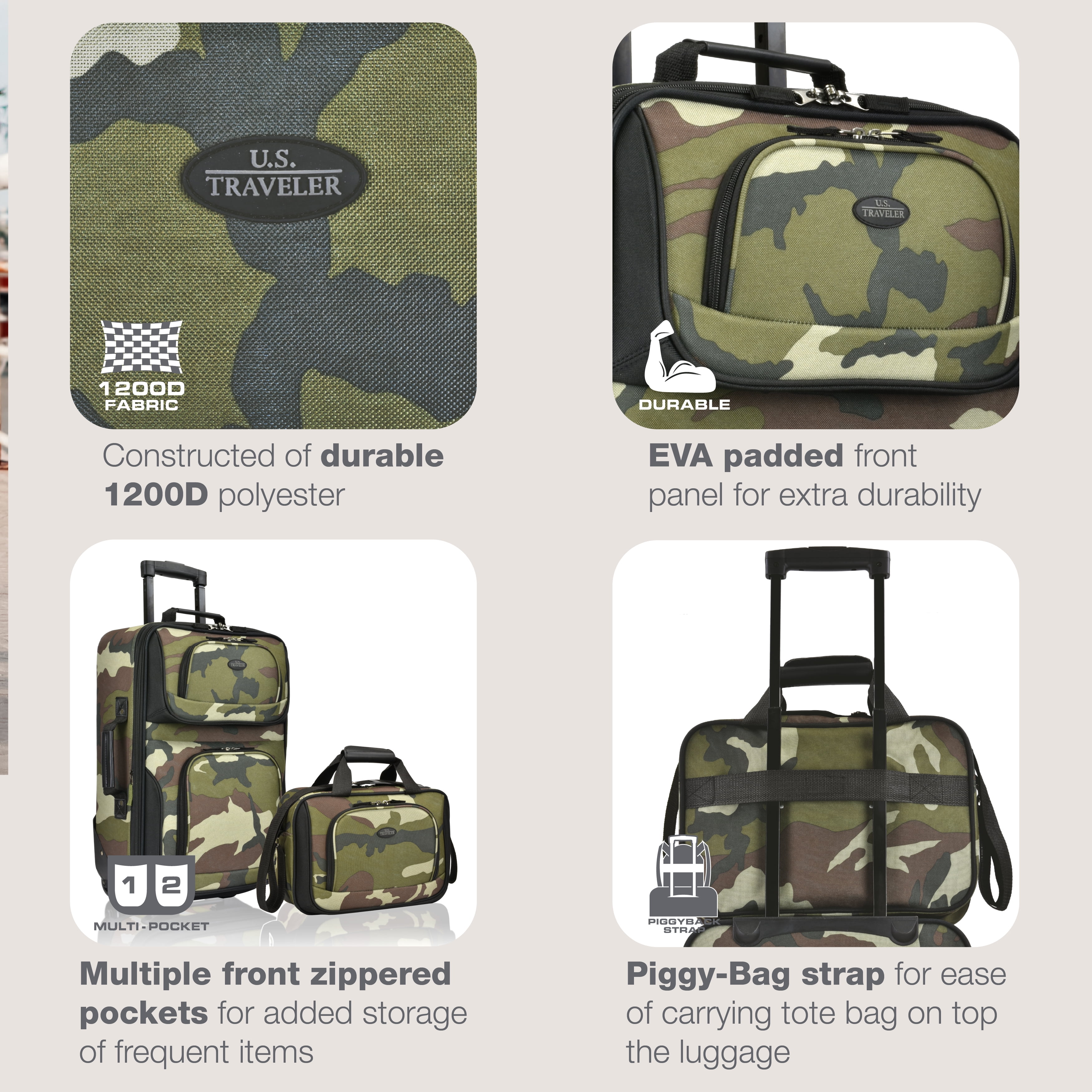 U.S. Traveler Rio Rugged Fabric Expandable Carry-on Luggage, 2 Rolling Suitcase, Camouflage, 2-Piece