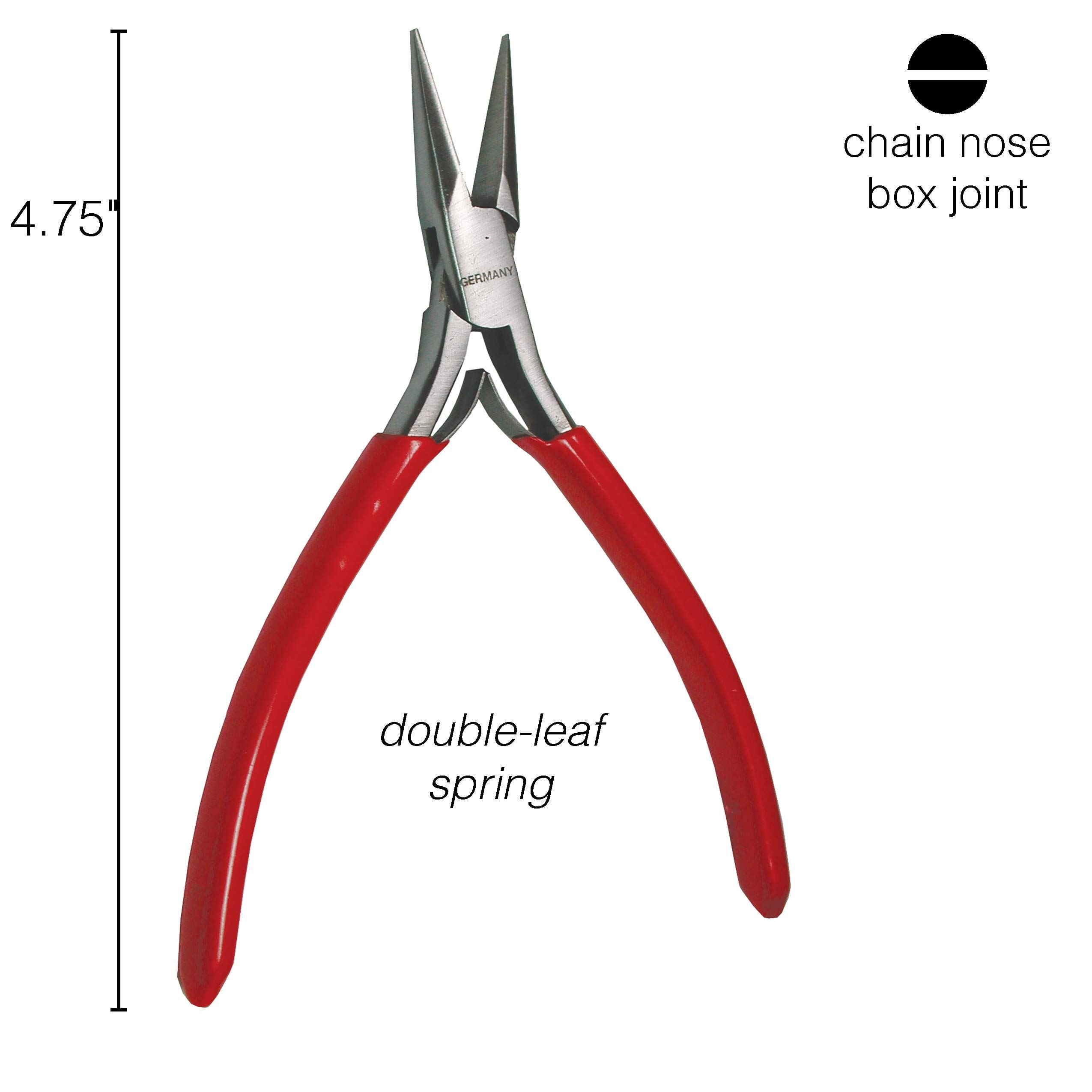 The Beadsmith Platinum Series German Chain Nose Pliers, 4.75 inches (120mm) with Polished Steel Head, red PVC Comfort Grip Handle with Double-Leaf Spring, Tool for Jewelry Making