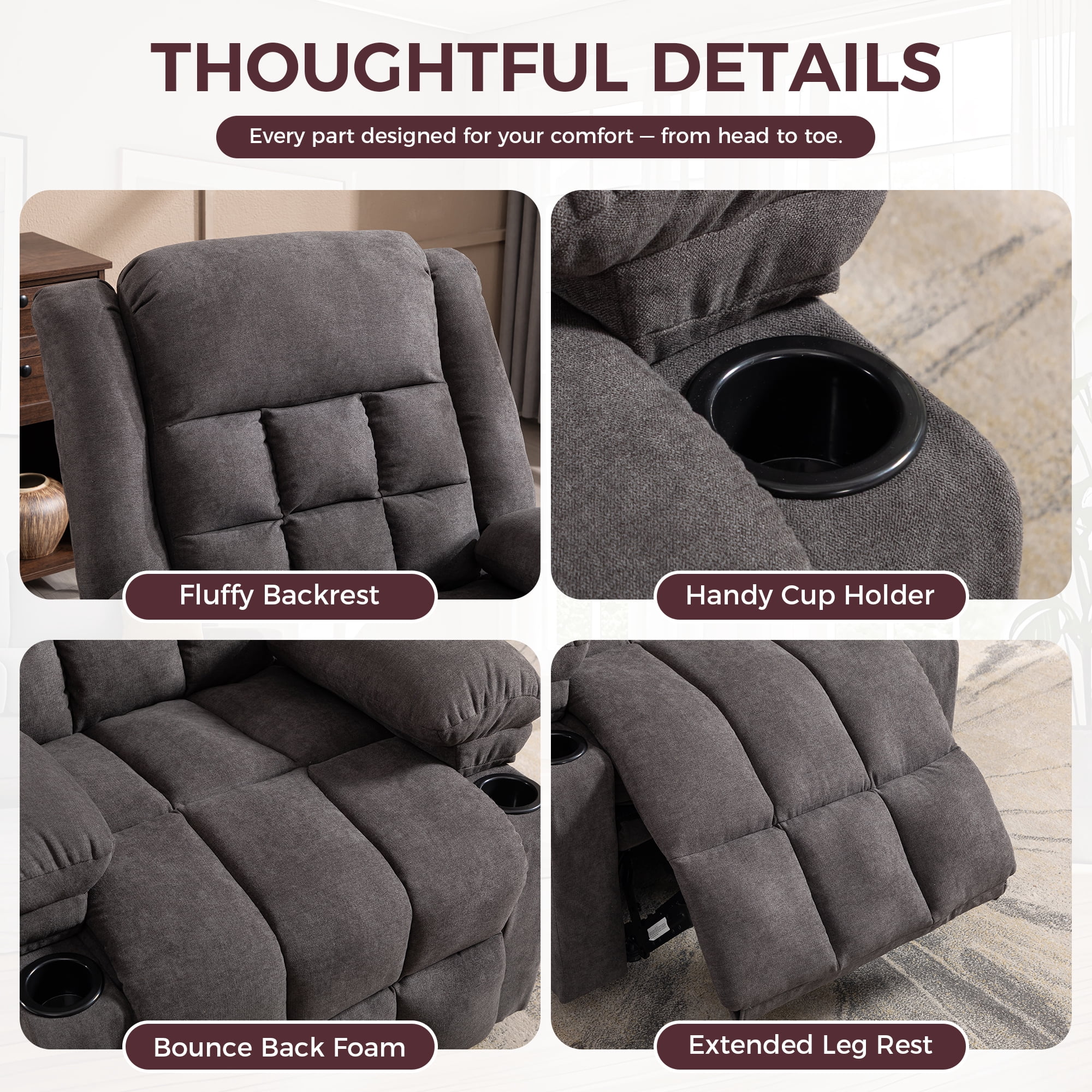 Ebello Fabric Recliner Sofa Set, Manual Recliner Chair with Massage & Heat, 3-Seat Power Recliner Sofa with Side Pockets for Living Room, Gray