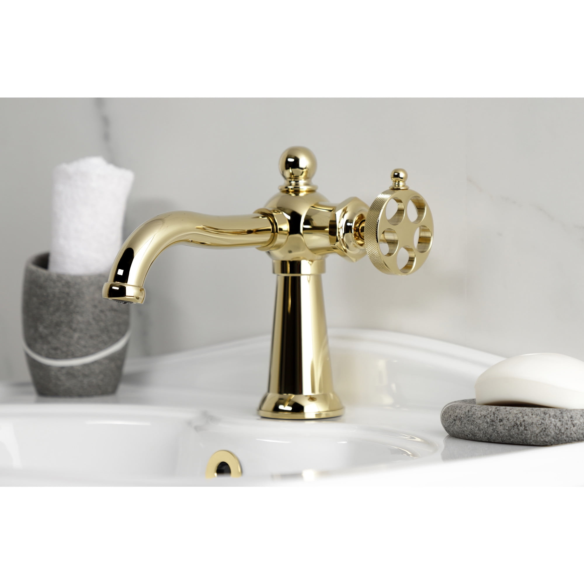 Kingston Brass KS3542RKZ Wendell One-Handle Single-Hole Bathroom Faucet with Knurled Handle and Push Pop-Up Drain, Polished Brass