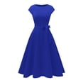 thumbnail image 6 of Dresses for Women Short Sleeve Crew Neck Solid Color Tie Waist Elegant Midi Party Dress Blue L, 6 of 6