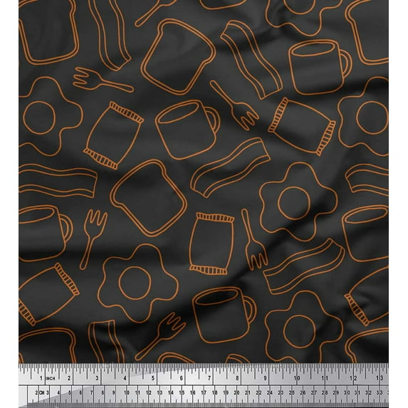 Soimoi Gray Rayon Fabric Omlet & Bread Slice Food Print Fabric by Yard 42 Inch Wide