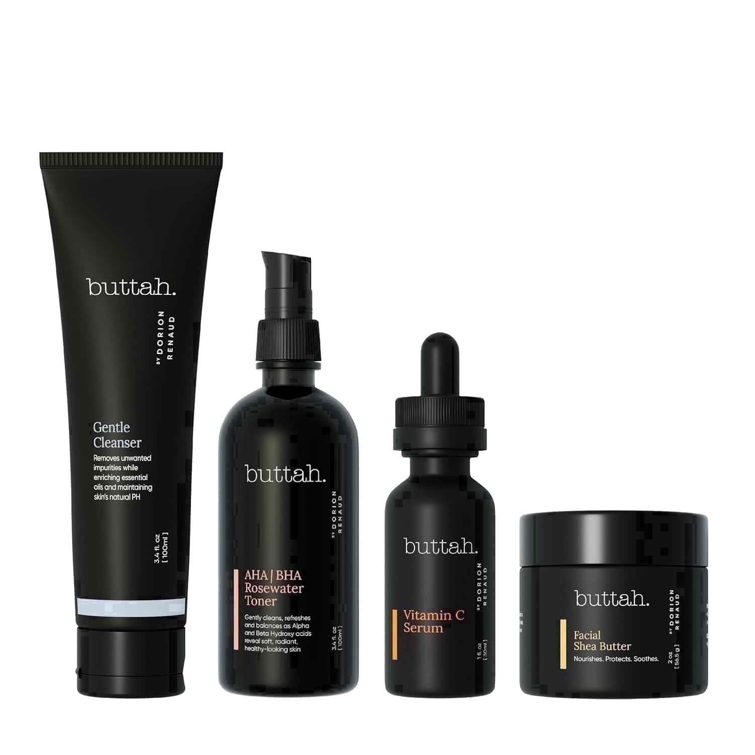 Buttah Skin Supreme Skincare Kit for Melanin Rich Skin | 4-Piece Set | Facial Shea Butter, Vitamin C Serum, Gentle Cleanser & Rosewater Toner