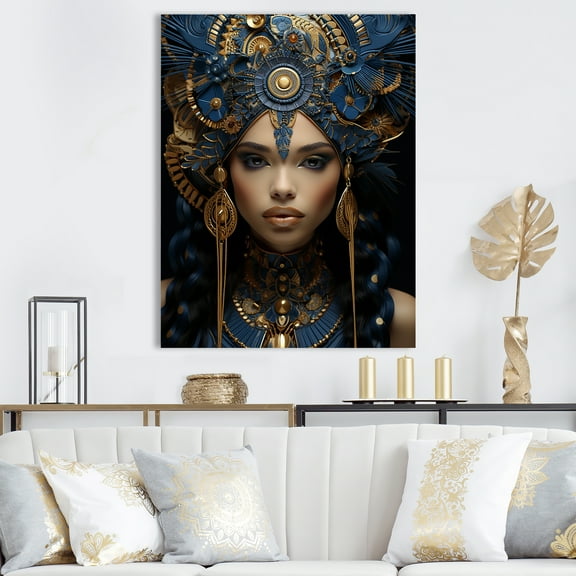 Designart "Portrait of Queen Nefertiti of Egypt in Gold & Black IV" Fashion Canvas Wall Art - Glam Gold Woman African American Hallway Wall Art Decor