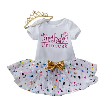 

AIMAOMI Girl Birthday Printing Letter Short Sleeve Sequins Dot Gauze Skirt Suit H