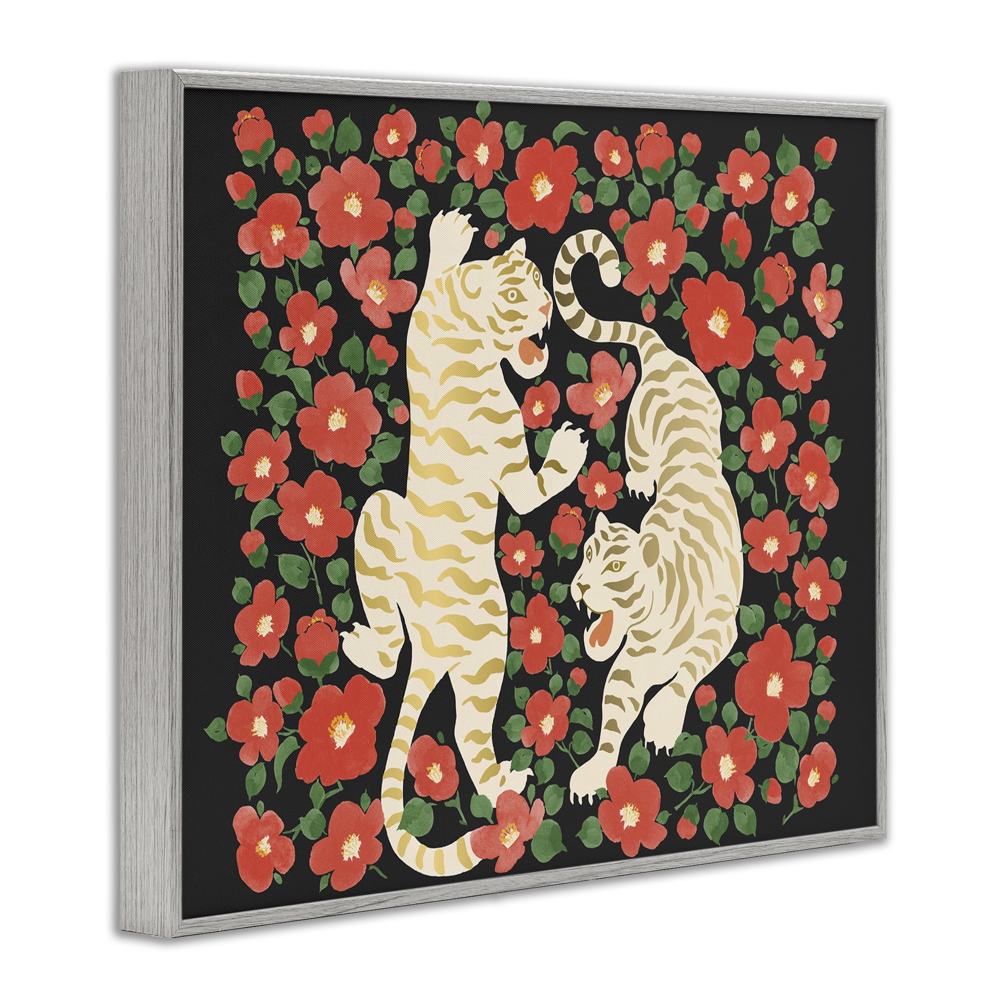 Stupell Industries Ivory Twin Tigers Among Flowers Gray Framed Giclee Art, design by Karolina Sato