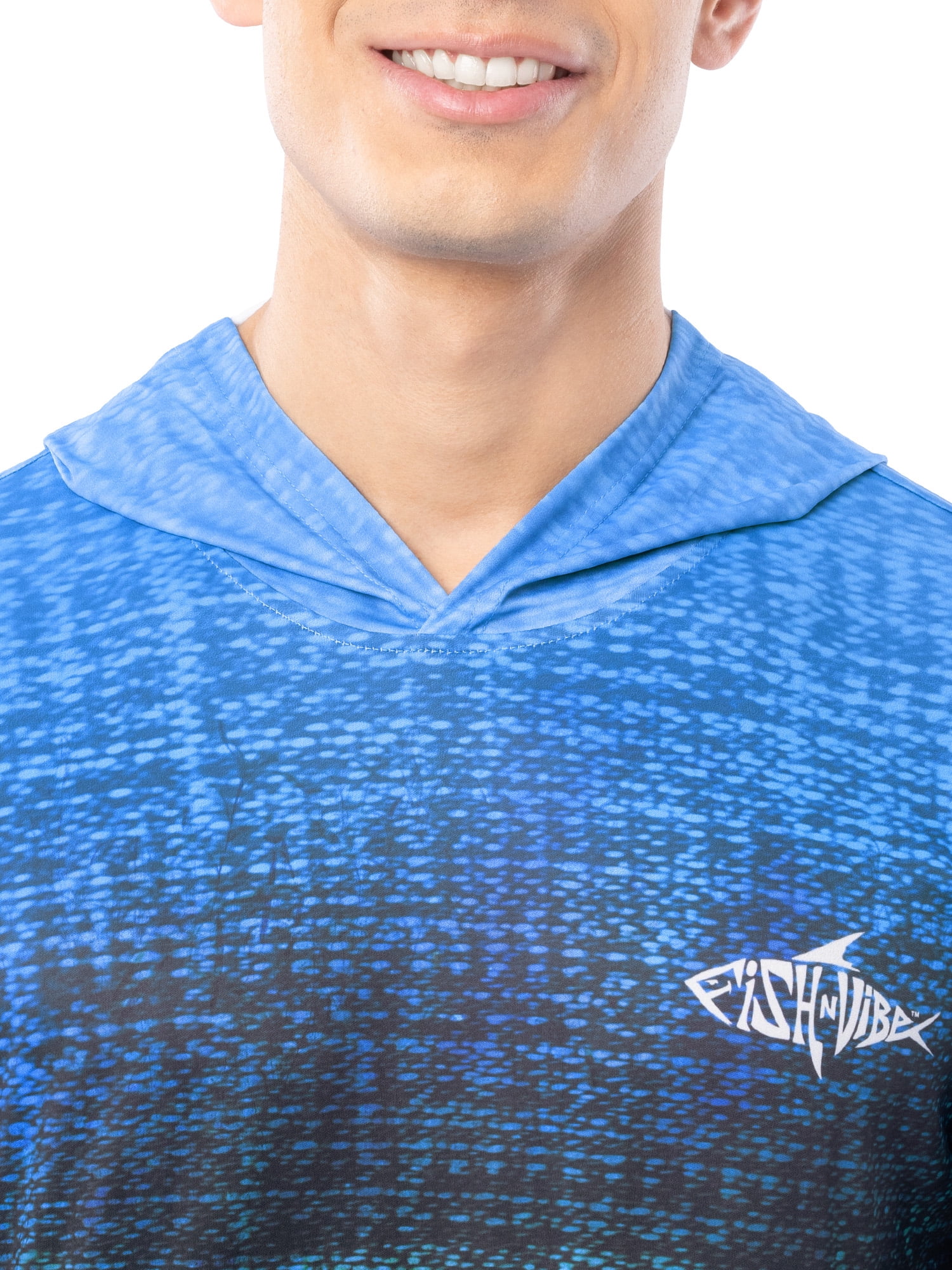 Fish N Vibe Men's Long Sleeve Performance UPF 30 Fishing Graphic Hoodie, Murky Walleye-Blue, L