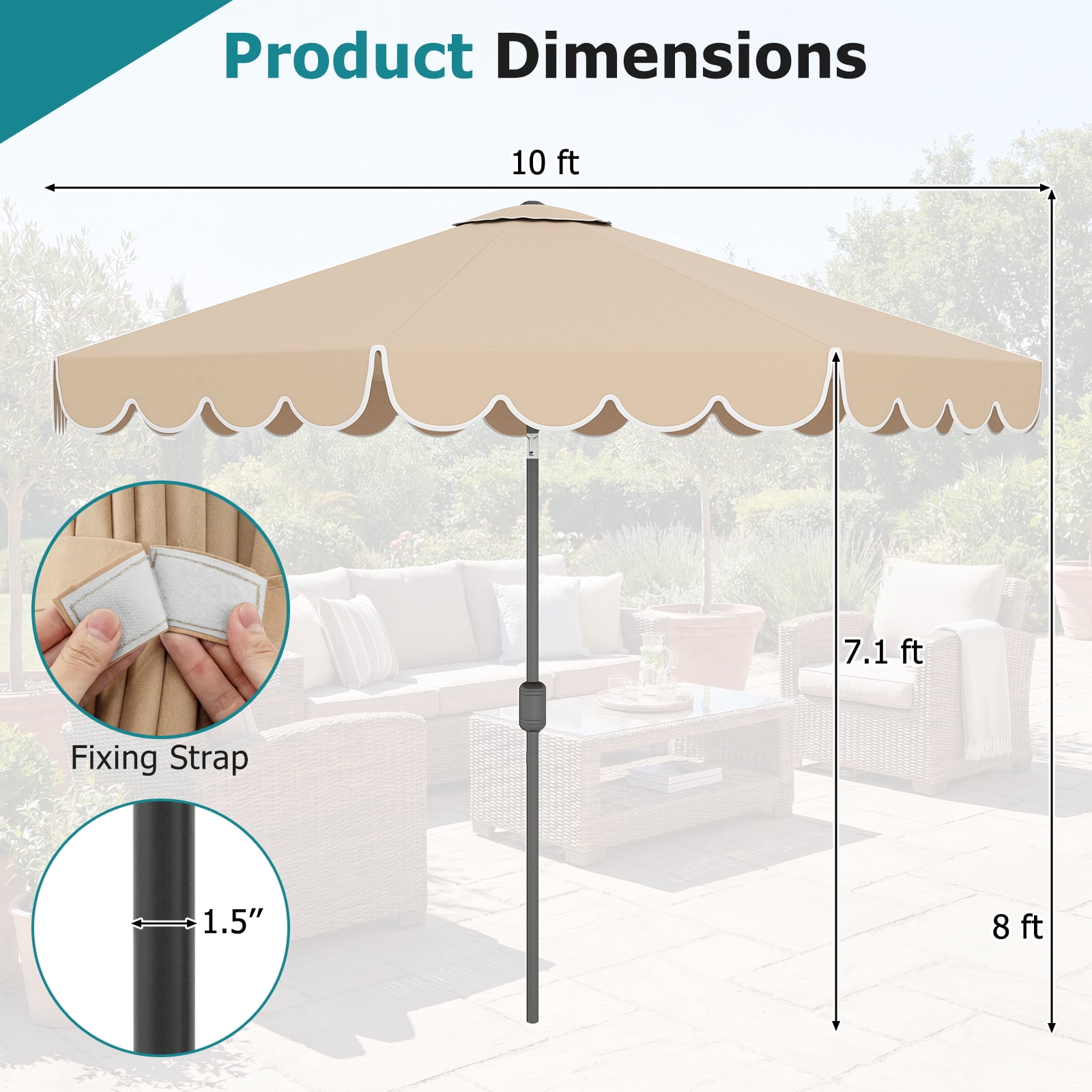 Costway 10 FT Patio Umbrella with Crank Tilt Adjustment Ruffles Vented Top 8 Ribs Beige