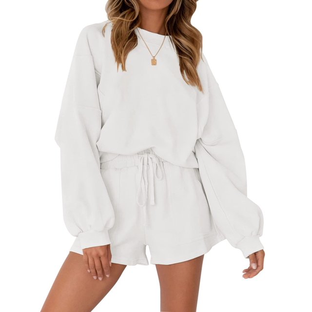 Faithtur Ensemble de Vêtements de Détente d'Été pour Femmes Hauts à Manches Longues à Col Rond + Short à Cordon 2 Pièces