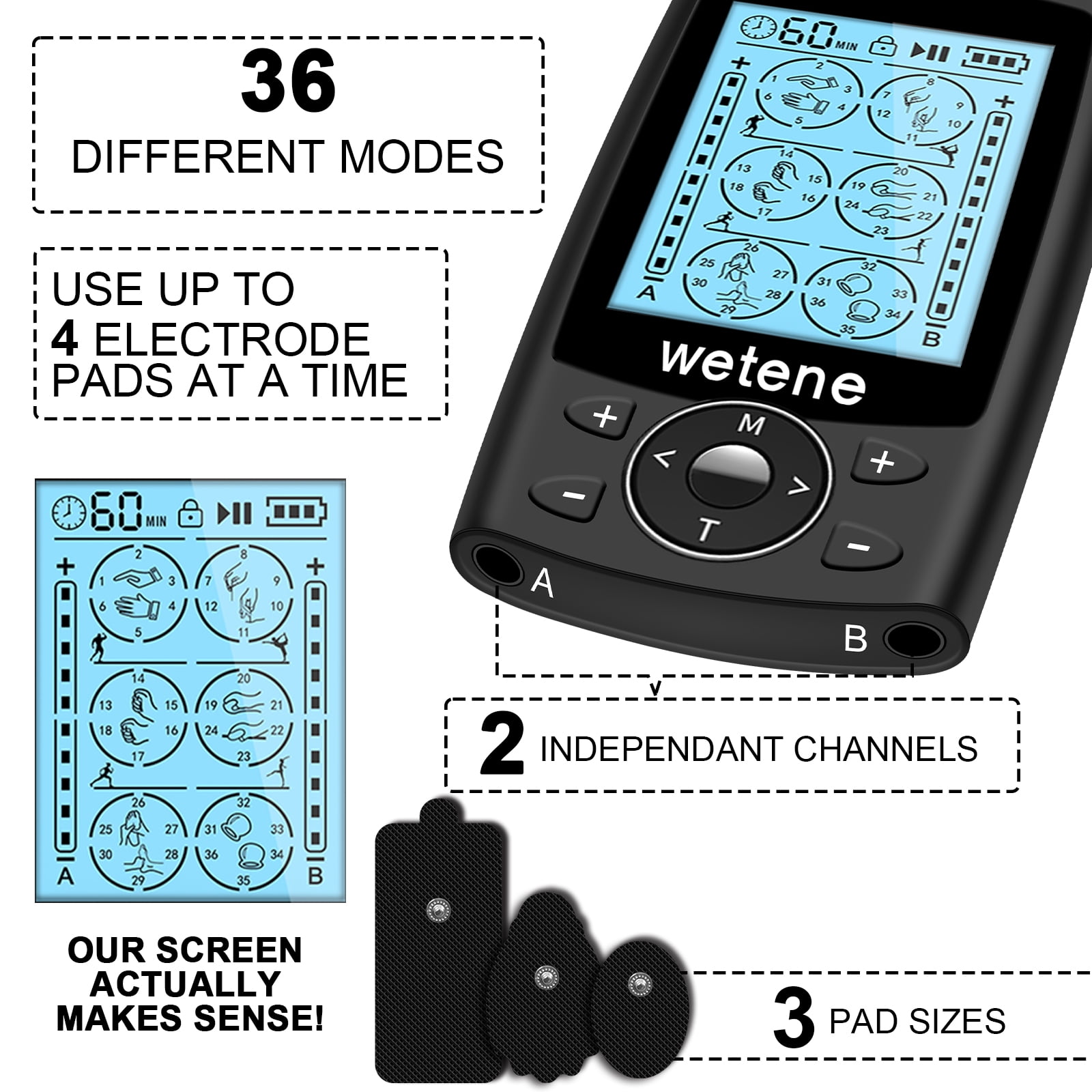 Wetene TENS Unit Rechargeable Muscle Stimulator EMS Dual Channel with 10 Reusable Electrode Pads 36 Modes for Back Neck Pain Muscle Therapy Pain Management Pulse Massager