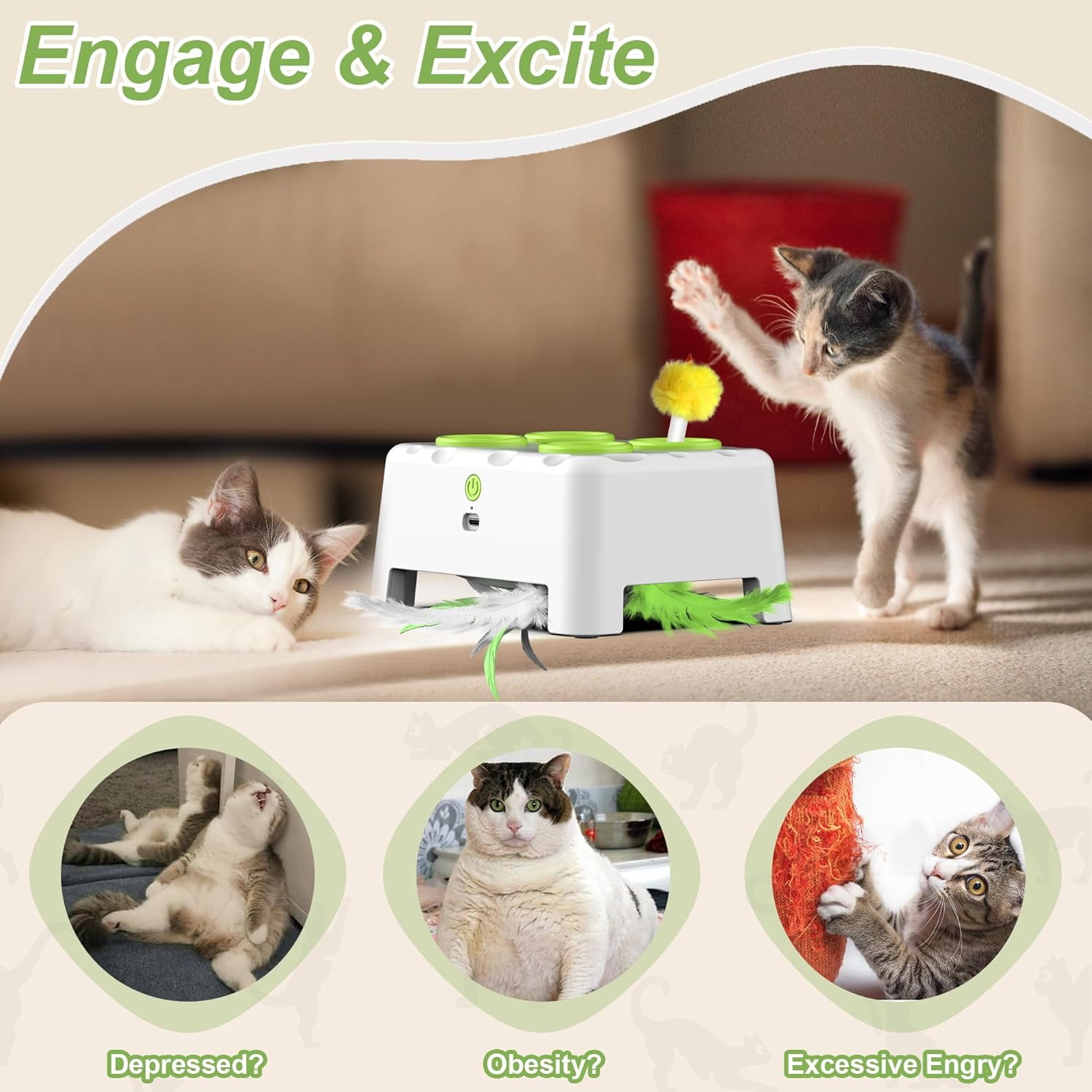 2-in-1 Cheese Box Interactive Cat Toys Automatic Cat Toy, 4 Holes Mice Whack A Mole &  Moving Feather& Squeaky, Portable USB Rechargeable Electronic Kitten Toys (White)