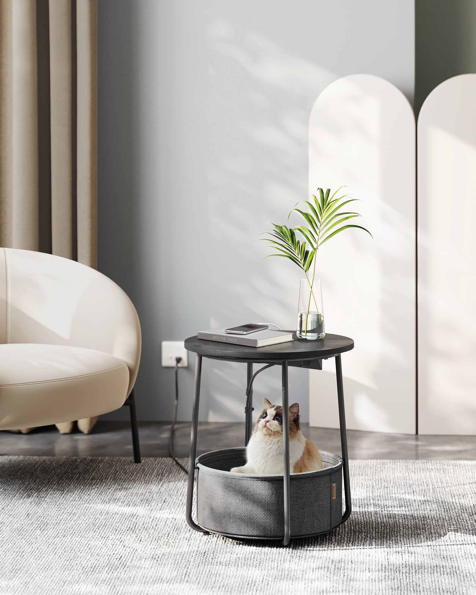 VASAGLE LILEA Collection - Side Table with Charging Station, Round End Table with Fabric Basket, Nightstand with USB Ports, for Living Room, Bedroom, Modern, Ebony Black and Slate Gray
