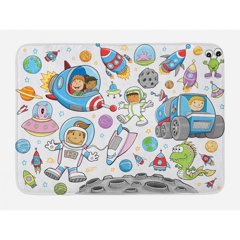 Outer Space Bath Mat, Cute Deep Space Astronaut Girl Boy Aliens Rockets on Moon Kids Nursery