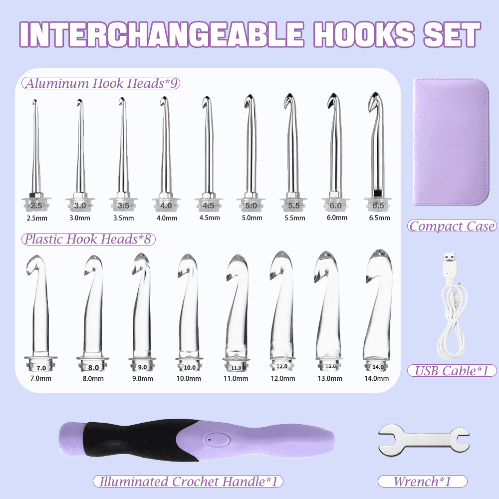 Yarniss 17 Sizes Lighted Crochet Hooks Set 2.5mm~14.0mm, Metal Crochet Hook with Interchangeable Crochet Head