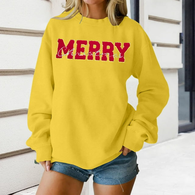 Chandails d'Automne pour Femmes Chic Joyeux Noël Chandails pour Femmes Joyeux et Chandail à Lettres Imprimées Chandails à Enfiler Hauts Décontractés Chandails à Col Rond