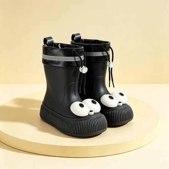 Womens & Girls 3D Big Eye Drawstring Cuff Mid Calf Rain Boots Reflective Stripe Ribbed Chunky Sole Non Slip Waterproof PVC Wellies for Rainy Days Black 24