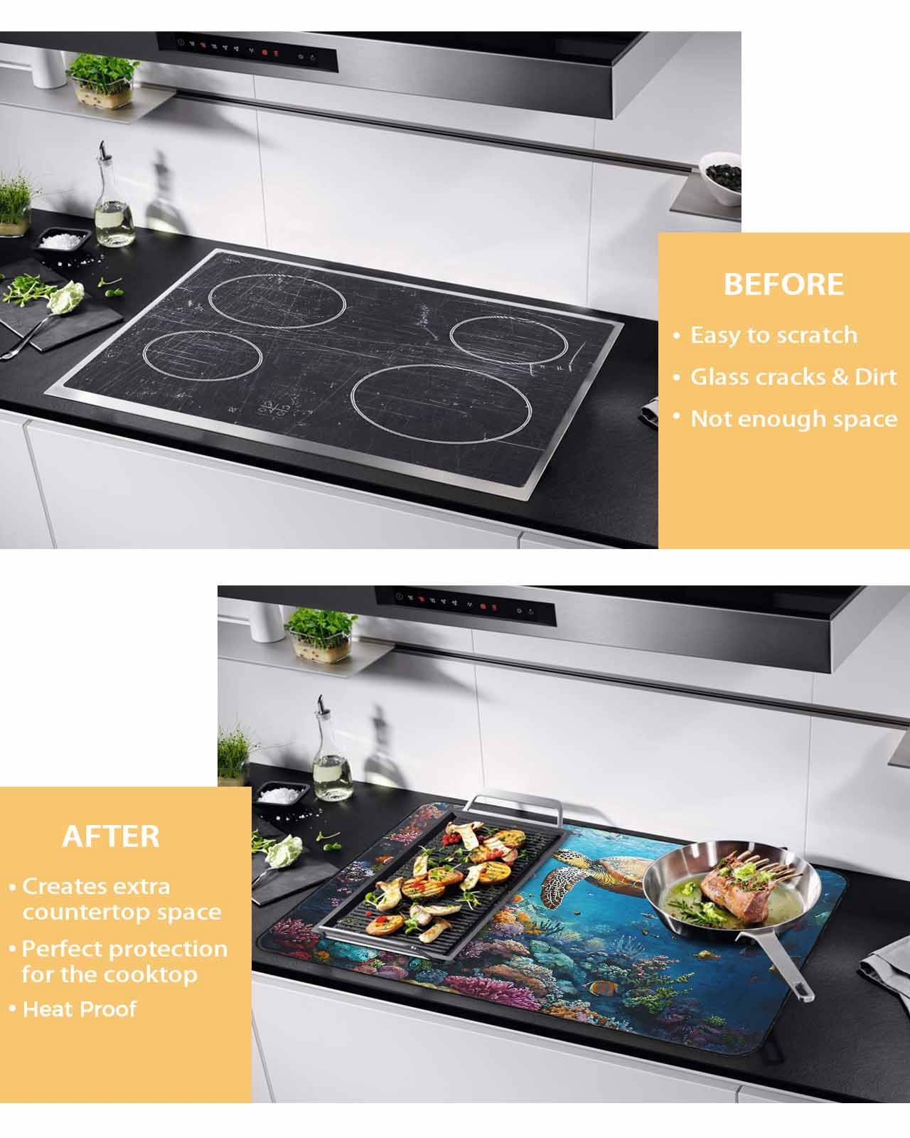 nqOlkjepod Large Induction Cooktop Protector Mat 36"x21", Summer Turtle Stove Top Covers for Electric Stove, Ocean Coral Underwater Sea Fish Animal Stove Burner Cover Mats, Glass Top Stove Cover