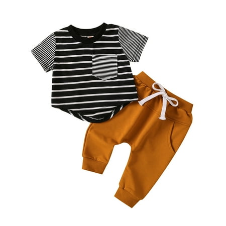 

AIMAOMI Toddler Boys Summer Short Sleeve Striped Prints Pocket Tops Pants 2PCS Outfits Clothes Set For Children Clothes H