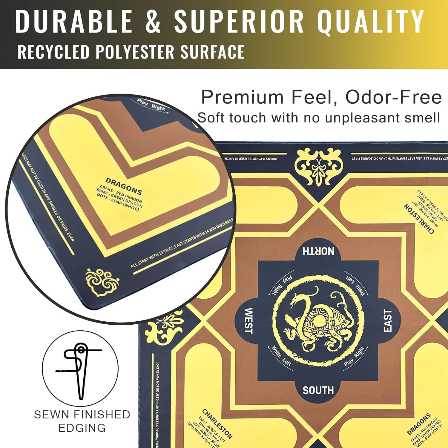 Mahjong Mat with Rules 31" x 31" Non-Slip Noise Reduction, American Mahjong Mat for Table with Bag, Waterproof Mah Jongg Mat for Poker, Playing Cards, Dominoes, Board & Tile Games