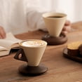 thumbnail image 2 of Juego de taza y platillo de café en forma de cono, estilo moderno de mediados de siglo, con asa de madera, de cerámica artesanal, ideal como regalo para amantes del café., 2 of 8