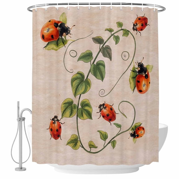 Ladybugs Eucalyptus Shower Curtain, Waterproof Shower Curtains for Bathroom, Spring Botanical Leaves Retro Washable Fabric Bathtub Curtain Set Bath Decor with 12 Hooks Extra Long 72"x96"