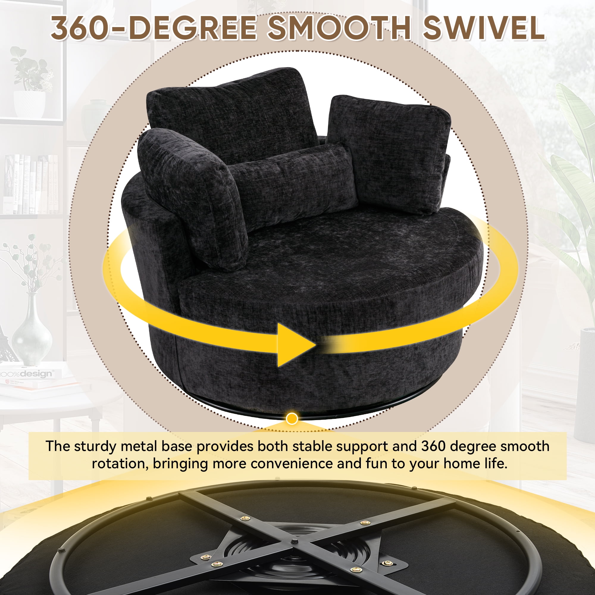 Dinosisco Oversized Swivel Accent Barrel Chair with Storage Ottoman, Chenille, Indoor, Black