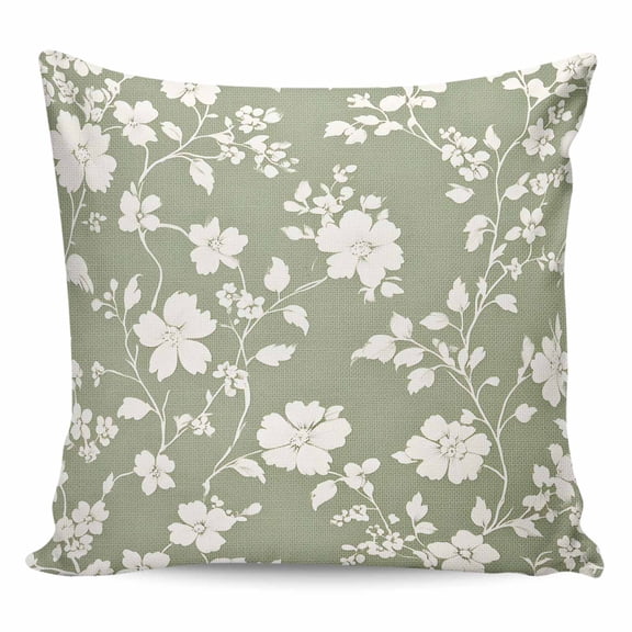Throw Pillow Covers 18x18 Inch, White Spring Floral Decorative Pillow Cases for Couch Sofa Bed, Summer Flowers Sage Green Pastoral Cotton Linen Square Home Decor Pillowcases with Hidden Zipper