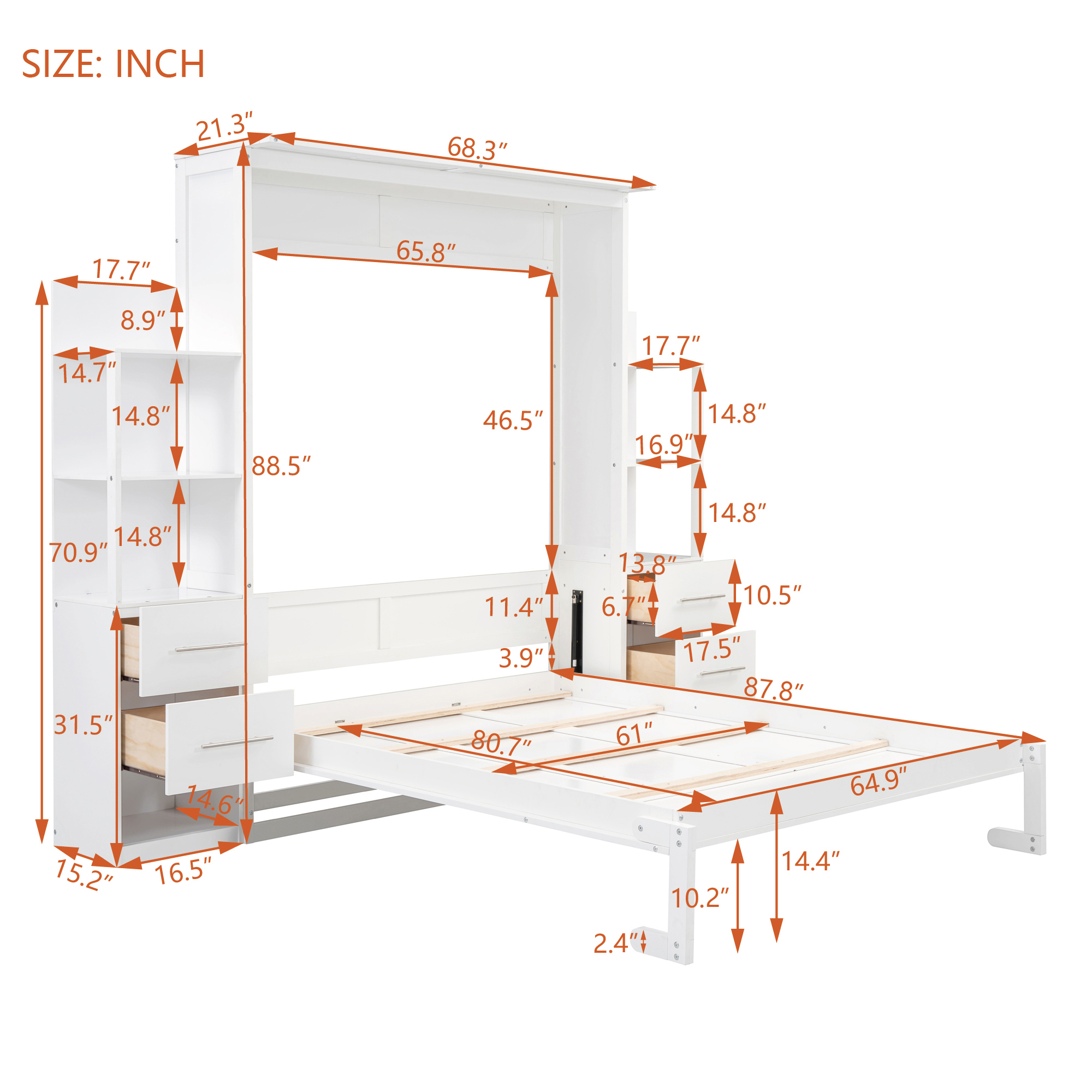 Euroco Wood Queen Size Murphy Bed with Cabinets and Drawers, Convertible Wall Bed wiht LED Light and Shelves, White