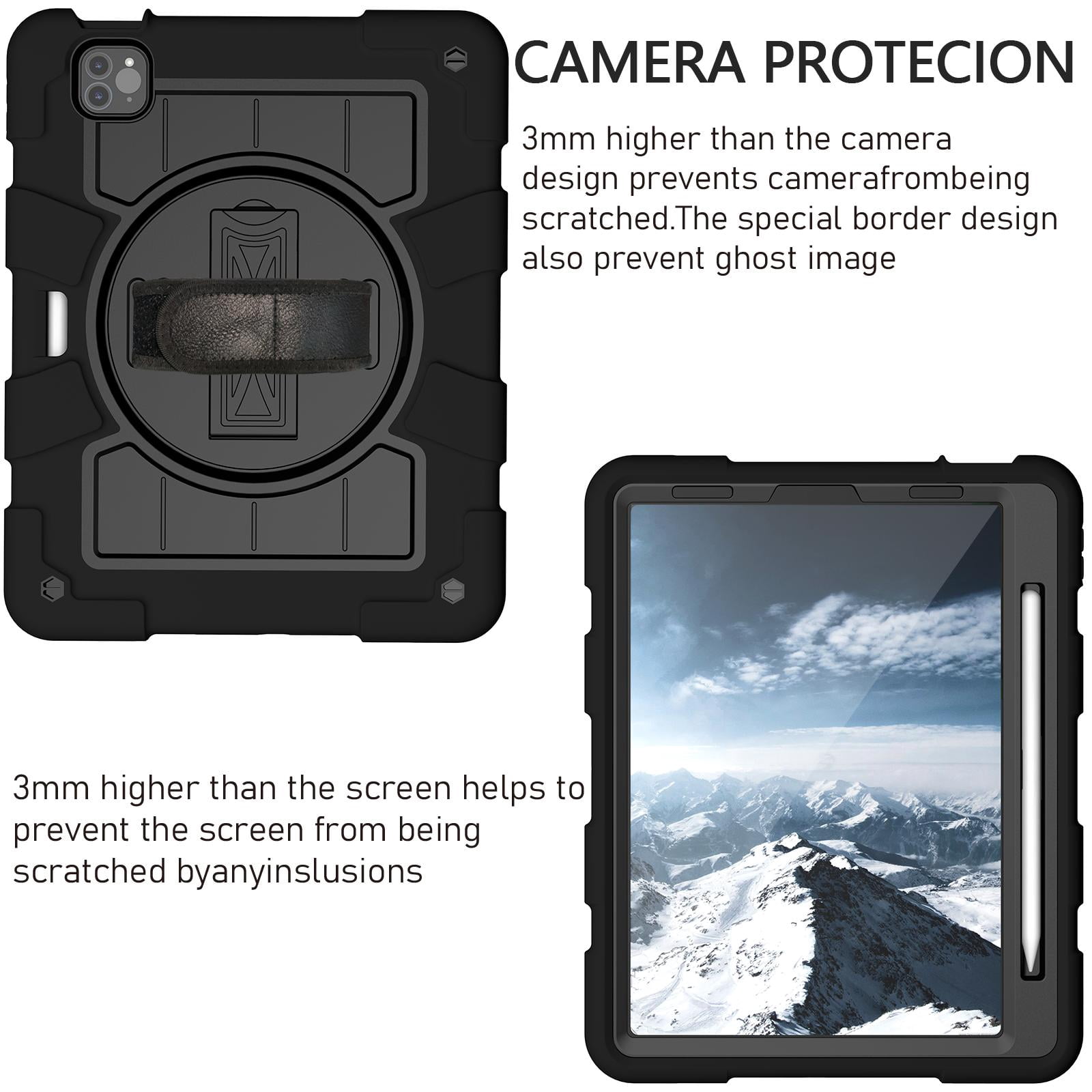 Shockproof Case for Apple iPad Air 11 Inch M4 M3 M2 2026/2025/2024, with Pencil Holder iKids Friendly Hand Strap Shoulder Strap Kickstand Anti-Scratch Case Cover for iPad Air 11",Black