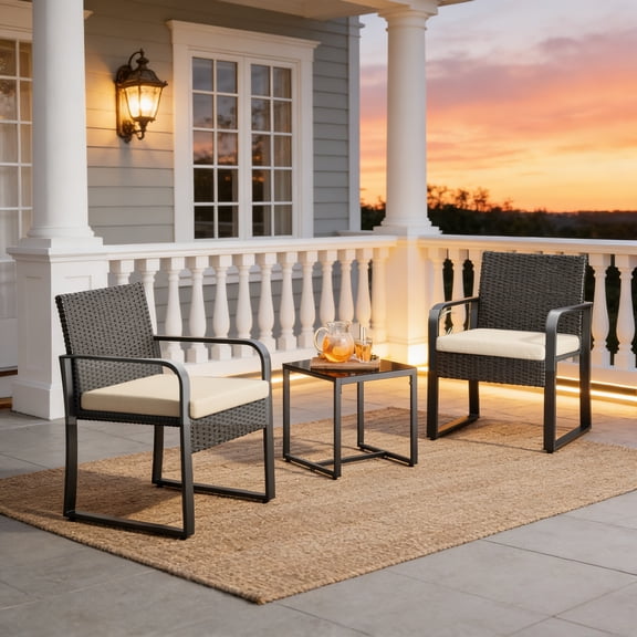 Patio Chair Set,Asofer 3 Pieces Outdoor Bisto Set with Cushions & Glass Table for Balcony, Porch, Bistro, Yard, Gray