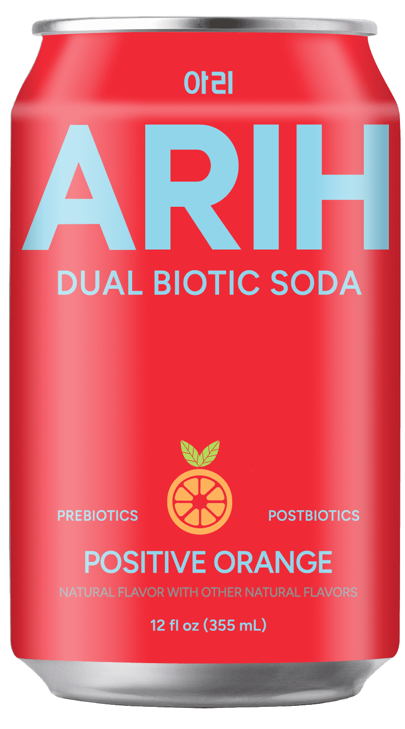 ARIH Dual Biotic Soda, Functional Prebiotic and Postbiotic Soda, Low Sugar, Positive Orange, 12 fl oz, 4 Pack