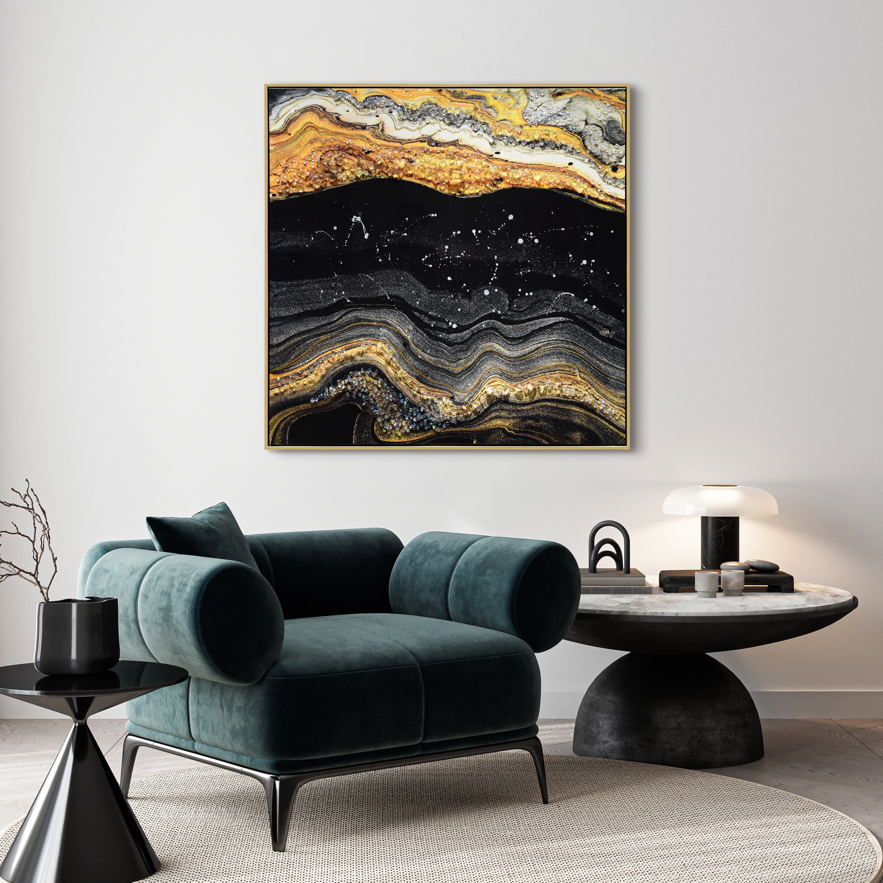 "Golden Earth I" Crystallus Epoxy Coated Wrapped Framed Glossy Abstract Canvas Wall Art with Heavy Acrylic Crystal Shards Embellishments