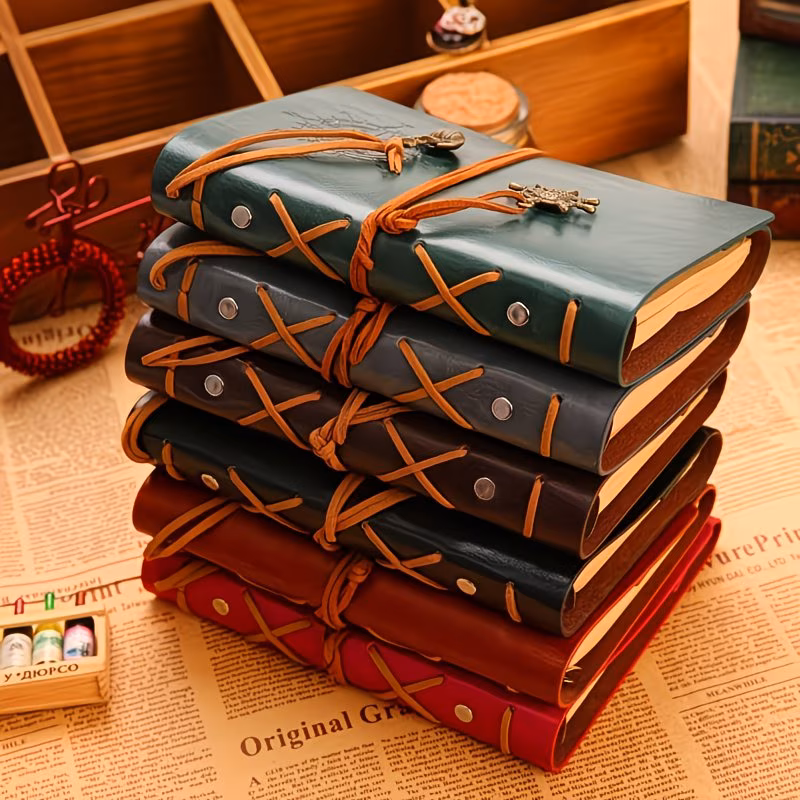 6 Pcs A6 Retro Compass Notebook Set, 5x7 Inch Leather Journal 160 Pages Blank Paper, Refillable Travel Notebook for Writing Exam Prep and Term Starts Gift,  Journals in Bulk