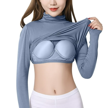 

Skpblutn Women S Shirts Winter Fall Casual Comfortable Tops Solid Padded Turtleneck T Bra Cup Rim Pajamas Underwear Bottoming Shirt Round Neckline Long Sleeve Plus Size T-Shirts Blue M