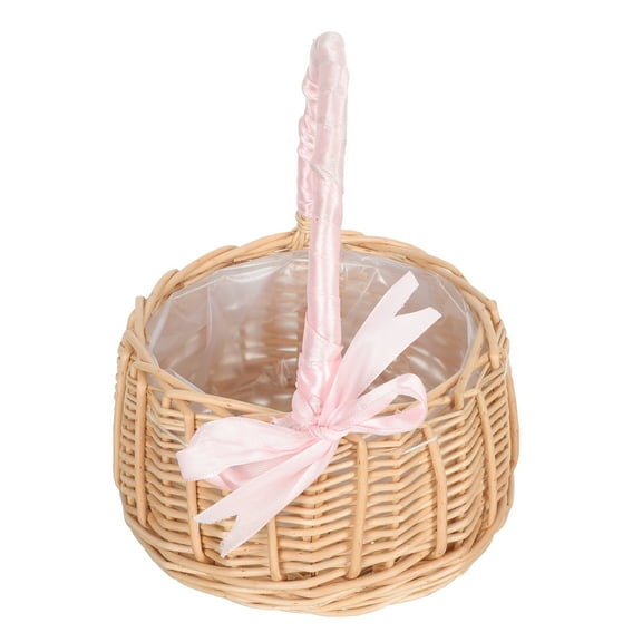 Flower Girl Basket Household Storage Hanging with Flowers Blanket Woven Bride Pink