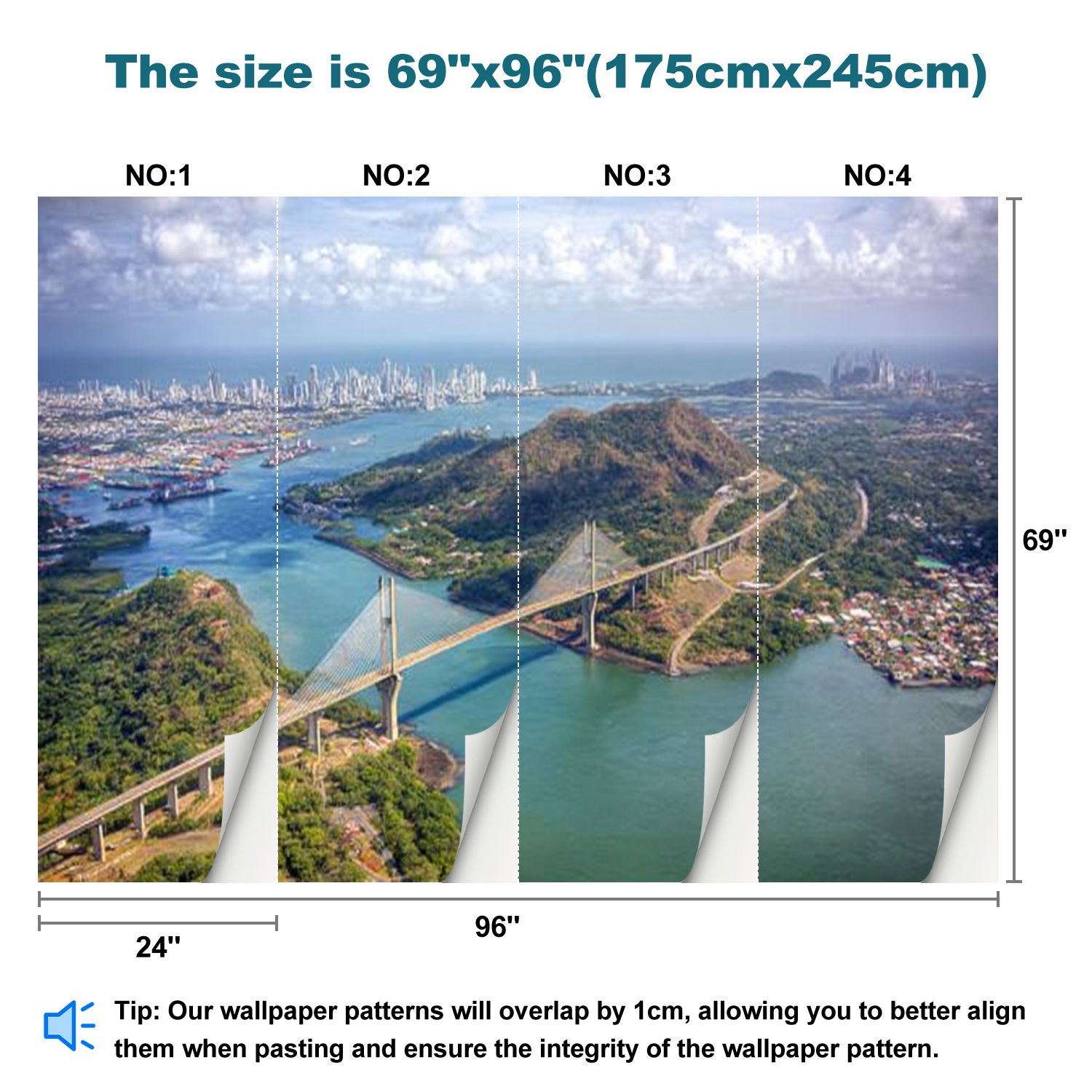 Peel and Stick Wallpaper Aerial view Bridge Americas Panama Modern Art Wall Mural Decor Self Adhesive and Removable 69in x 98in